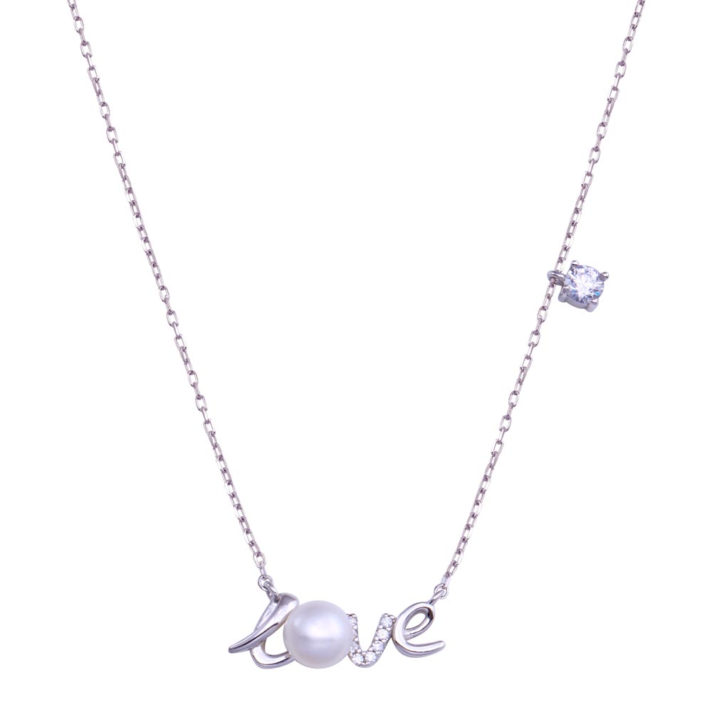 Sterling Silver Rhodium Plated Love Mother Of Pearl And CZ Necklace