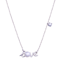 Sterling Silver Rhodium Plated Love Mother Of Pearl And CZ Necklace