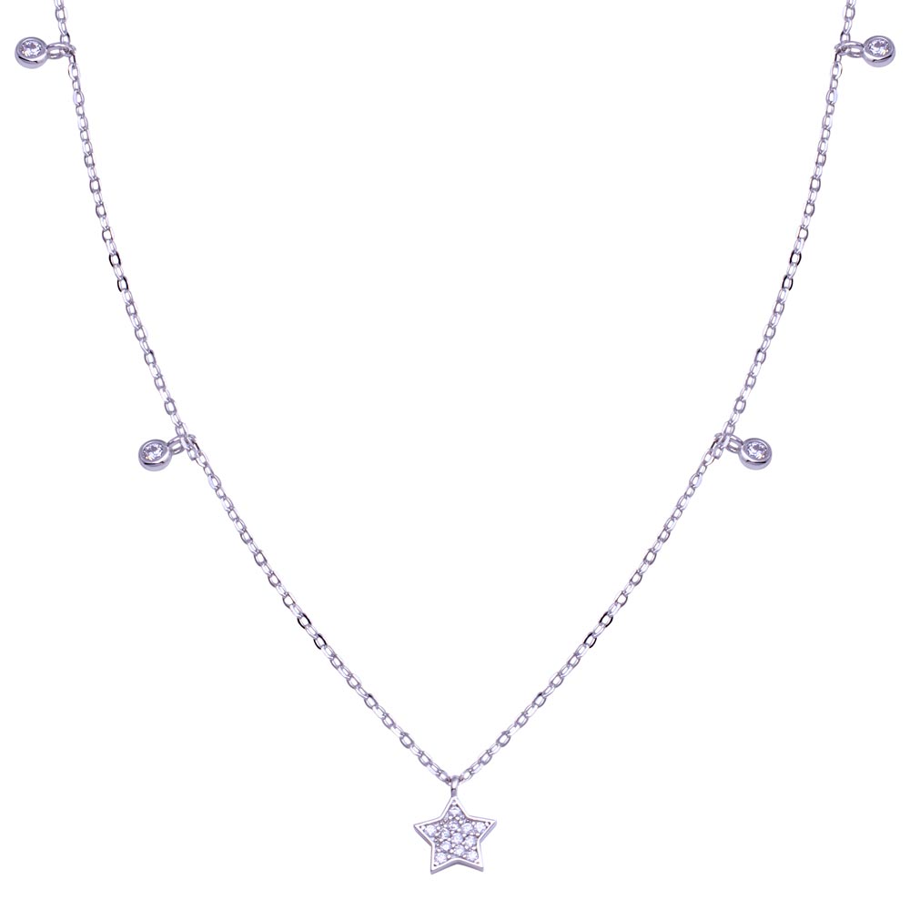 Sterling Silver Rhodium Plated Star And Round CZ Necklace