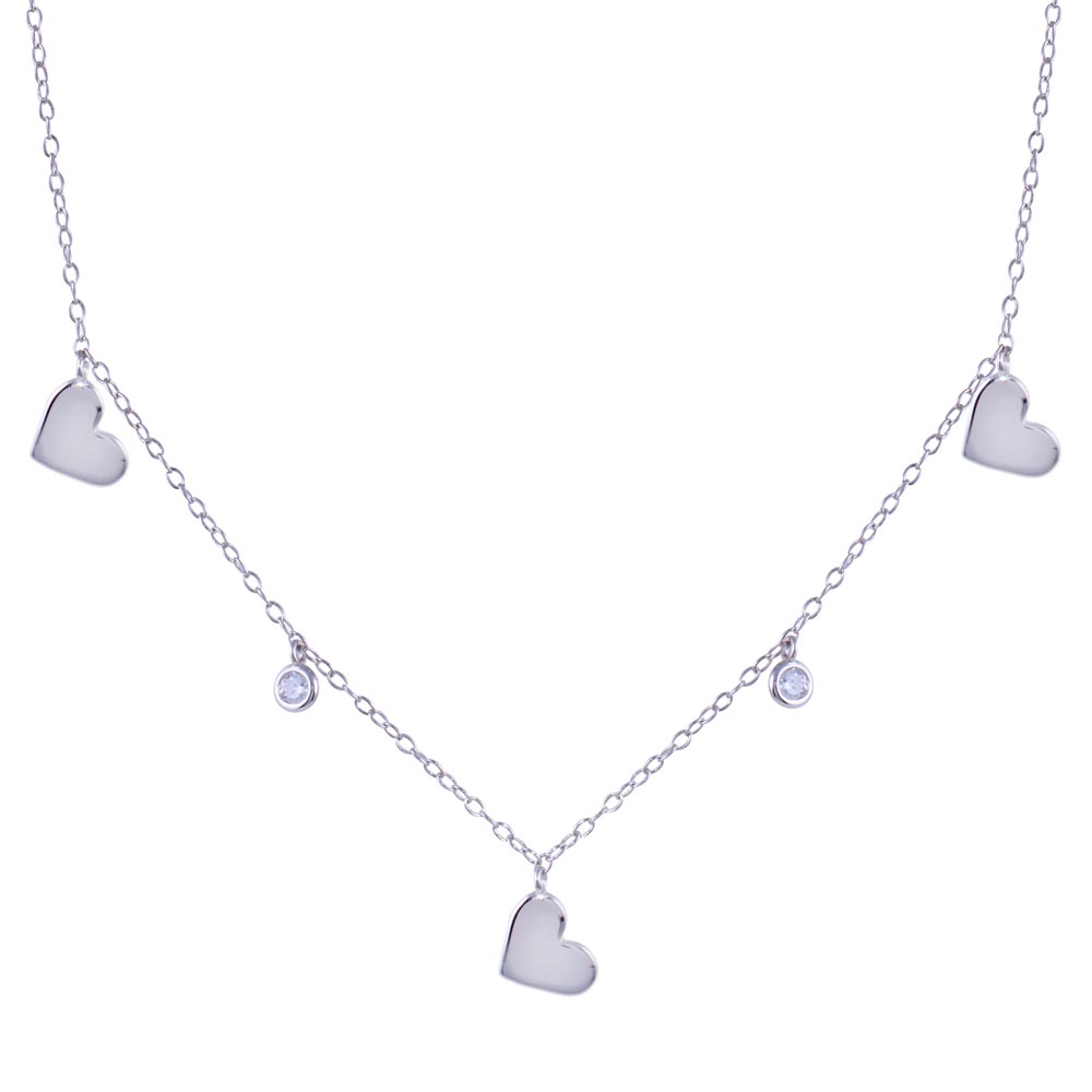 Sterling Silver Rhodium Plated Dangling Heart Clear CZ Necklace
