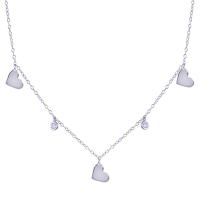 Sterling Silver Rhodium Plated Dangling Heart Clear CZ Necklace