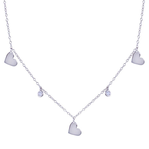 Sterling Silver Rhodium Plated Dangling Heart Clear CZ Necklace