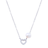 Sterling Silver Rhodium Plated Fresh Water Pearl Heart Charm Clear CZ Necklace