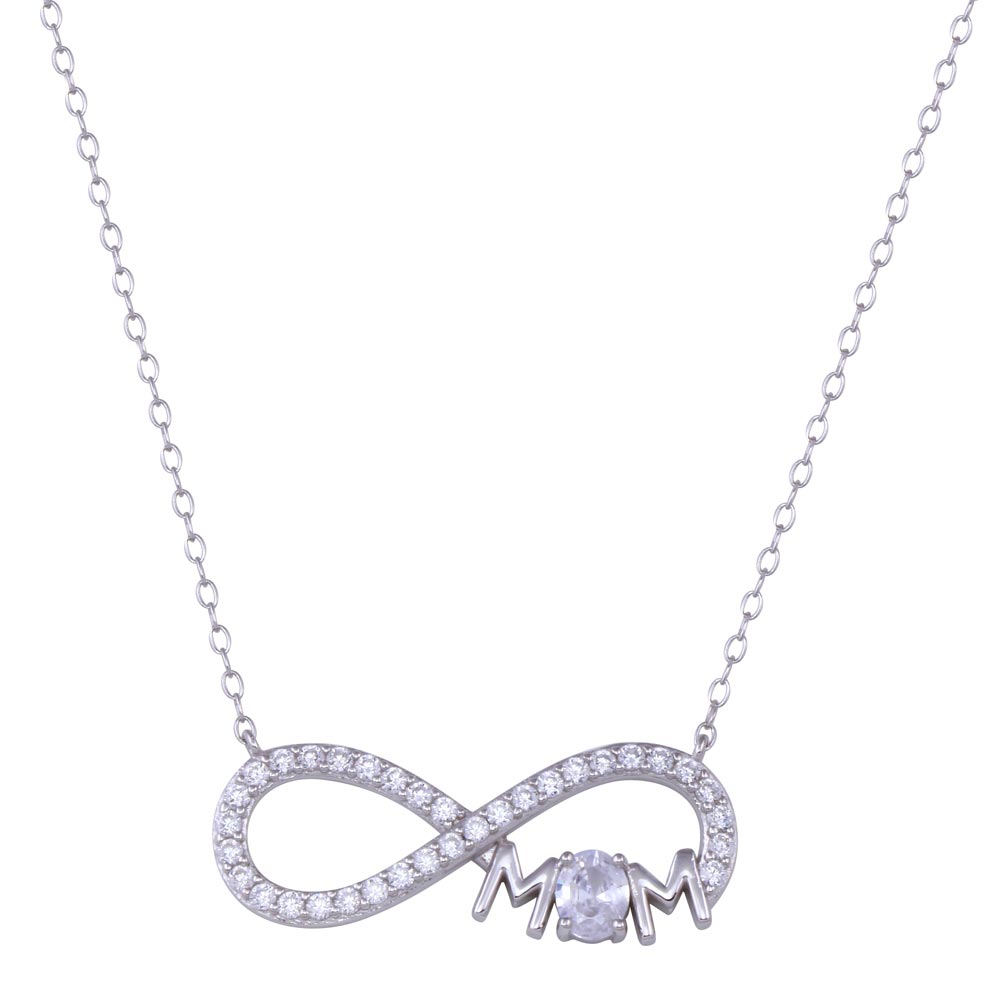 Sterling Silver Rhodium Plated Infinity Mom Charm Clear CZ Necklace