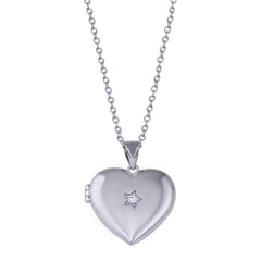 Sterling Silver Rhodium Plated Heart Locket Star Clear CZ Necklace