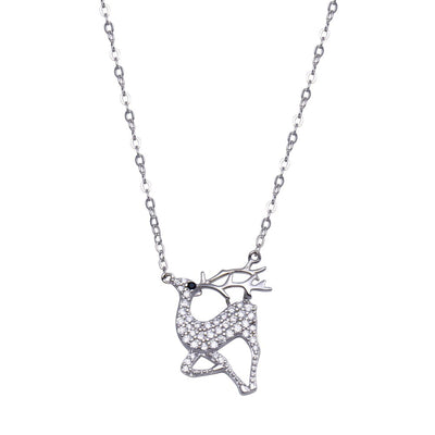 Sterling Silver Rhodium Plated CZ Deer Necklace