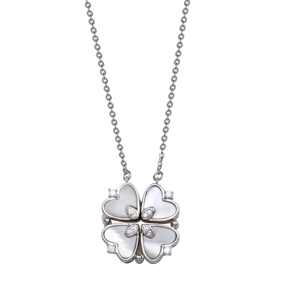 Sterling Silver Rhodium Plated CZ MOP Magnetic Flower Heart Necklace