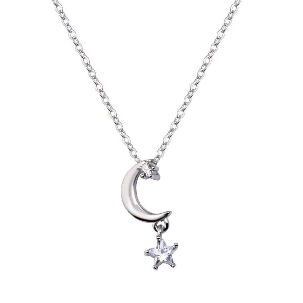 Sterling Silver Rhodium Plated Moon And Star Clear CZ Pendant Adjustable Necklace