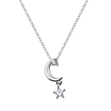 Load image into Gallery viewer, Sterling Silver Rhodium Plated Moon And Star Clear CZ Pendant Adjustable Necklace