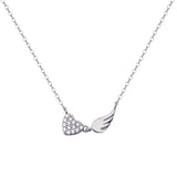 Sterling Silver Rhodium Plated Wing Heart Clear CZ Adjustable Necklace