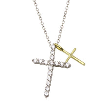 Load image into Gallery viewer, Sterling Silver Rhodium And Gold Plated Cross Clear CZ Adjustable Necklace