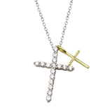 Sterling Silver Rhodium And Gold Plated Cross Clear CZ Adjustable Necklace