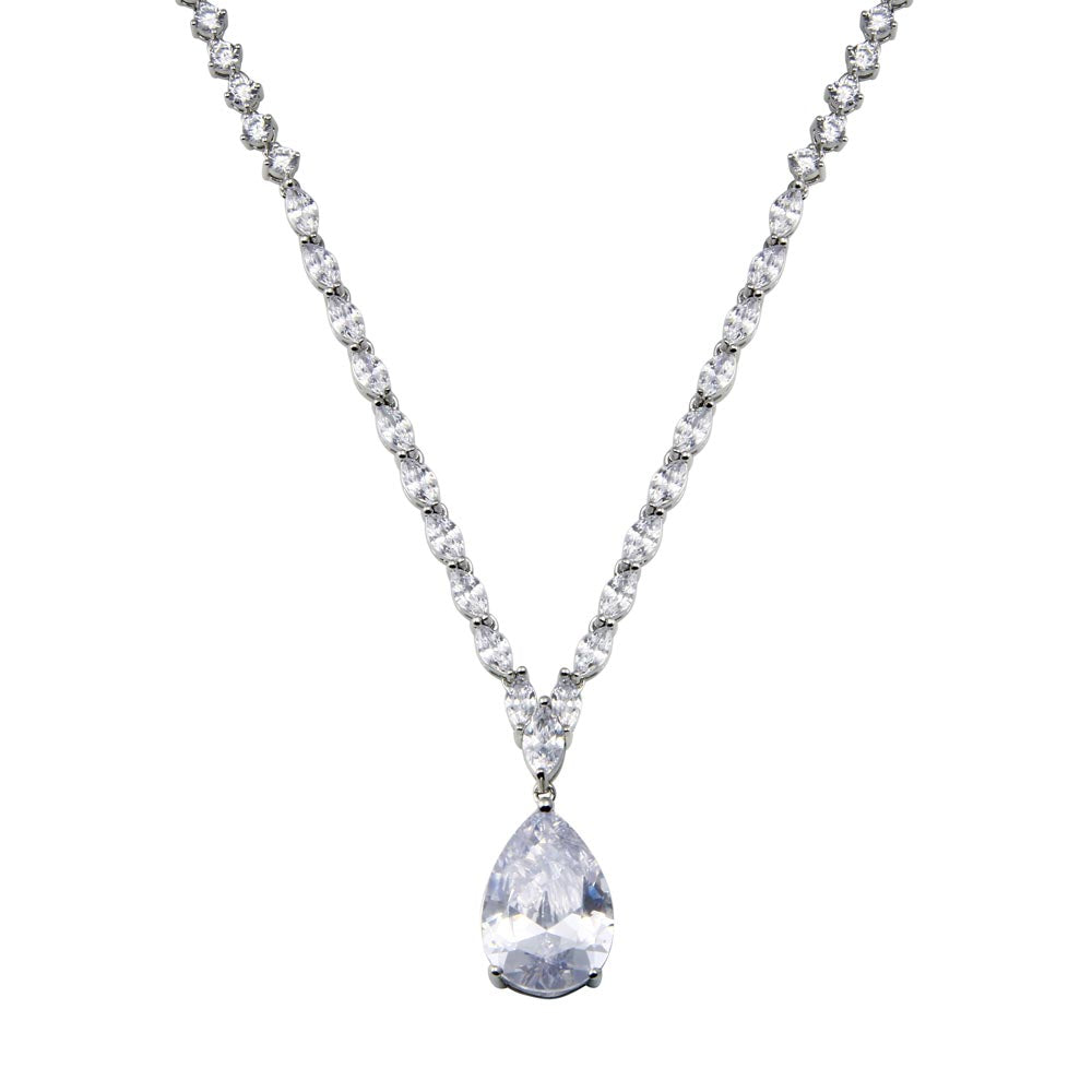 Sterling Silver Rhodium Plated Teardrop Round And Oval Clear CZ Tennis Necklace