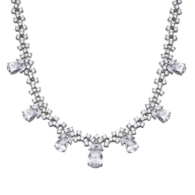 Sterling Silver Rhodium Plated Multu Teardrop Clear CZ Tennis Necklace