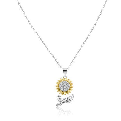 Sterling Silver Rhodium Plated 2 Tone Sun Flower CZ Pendant