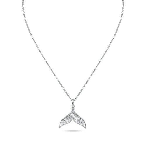 Sterling Silver Rhodium Plated Whale Tail Clear Baguette CZ Necklace