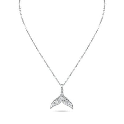 Sterling Silver Rhodium Plated Whale Tail Clear Baguette CZ Necklace