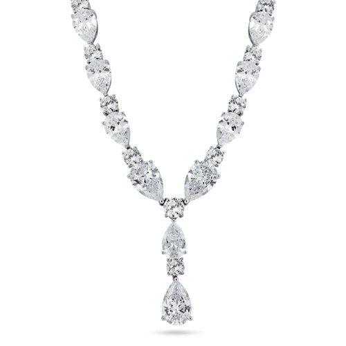 Sterling Silver Rhodium Plated CZ Chunky Tear Drop Bridal Necklace