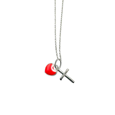 Sterling Silver Rhodium Plated Cross Red Enamel Heart Pendant Necklace Chain Length-16+2, Cross Dimensions-7mmx10mm, Heart Dimensions-7mmx6mm