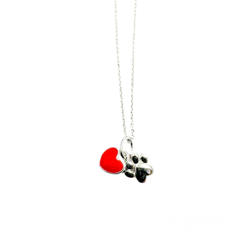 Sterling Silver Rhodium Plated Dog Paw Red Enamel Heart Pendant Necklace Chain Length-16+2, Dog Paw Dimensions-7.5mmx7mm, Heart Dimensions-7mmx6mm