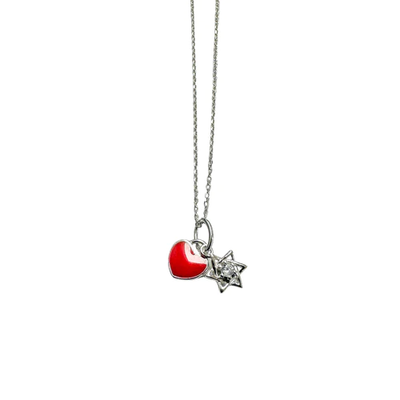 Sterling Silver Rhodium Plated Star Of David Red Enamel Heart Clear CZ Pendant Necklace Chain Length-16+2, Star Of David Dimensions-8.5mmx8.5mm, Heart Dimensions-7mmx6mm
