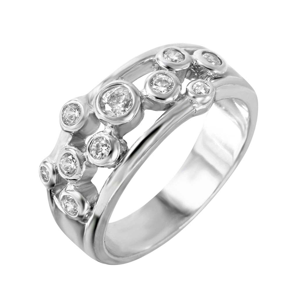 Sterling Silver Fancy Band Ring with Multi Round Cut Clear Czs on Bezel Setting