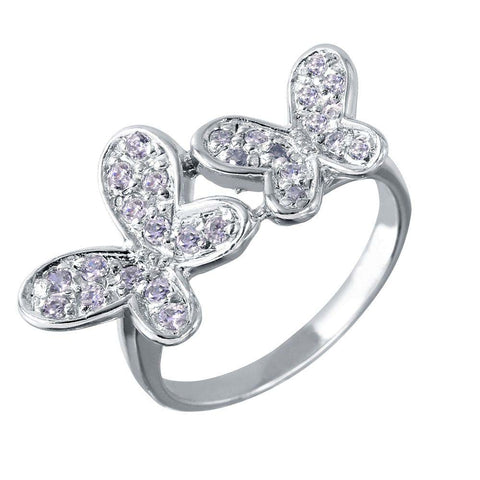 Sterling Silver Rhodium Plated Double Butterfly Shaped Ring With CZ Stones