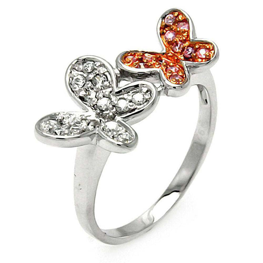 Sterling Silver Nickel Free Rhodium And Rose Gold Plated Butterfly Shaped Ladies Ring With Pink And Clear CZAnd Width 1mm