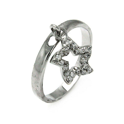 Sterling Silver Dangling Paved Open Star Design Ring with Charm Size of 10MM