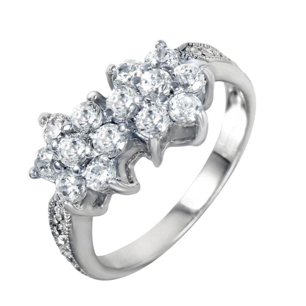 Sterling Silver Double Flower Solitaire Set with Round Cut Clear Czs RingAnd Ring Width of 8.9MM