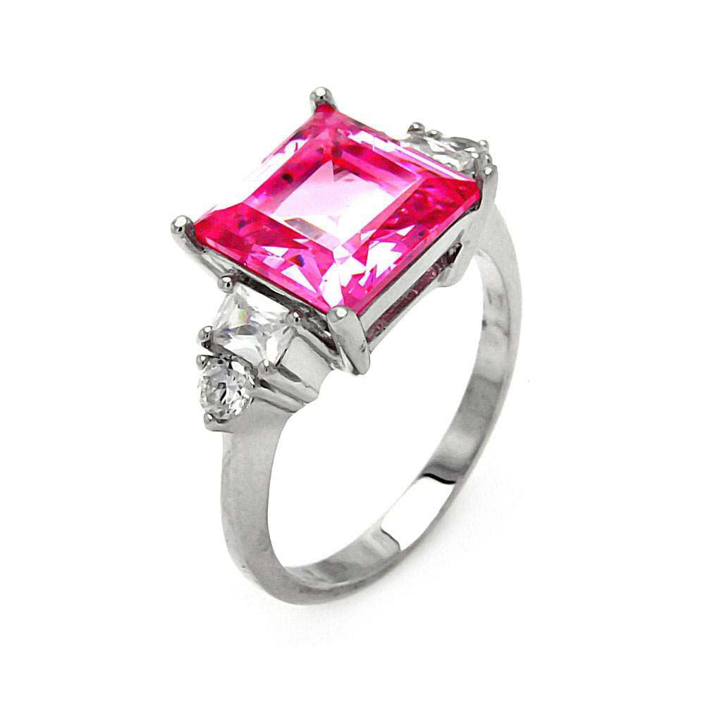 Sterling Silver Elegant Ring with Centered Solitaire Princess Cut Pink Cz with Round and Square Clear Czs on Both SidesAnd Center Stone Size: 10MM