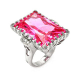 Sterling Silver Fancy Setting Inlaid with Clear Czs and Centered Emerald Cut Pink Cz RingAnd Ring Dimensions of 27.7MM X 19.6MM.