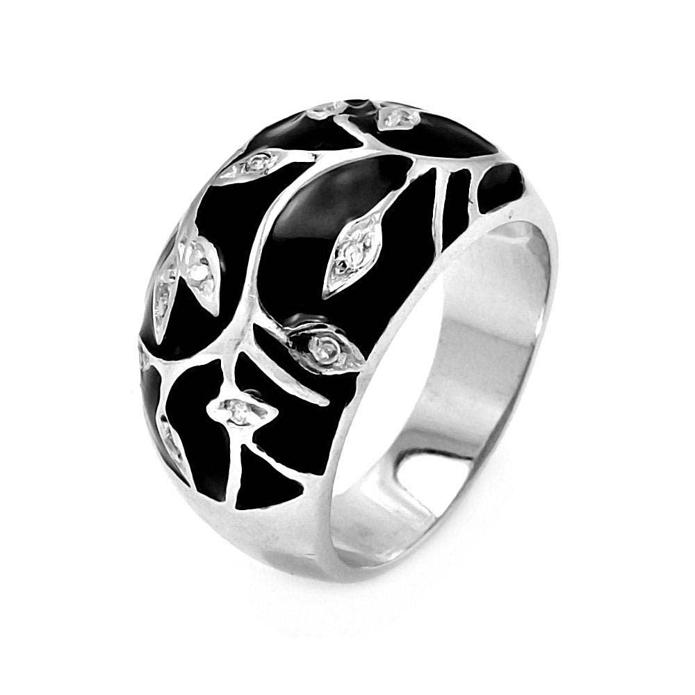 Sterling Silver Vintage Style Black Enamel with Leaves Design Embedded with Clear Cz Stones RingAnd Ring Width of 13.5MM