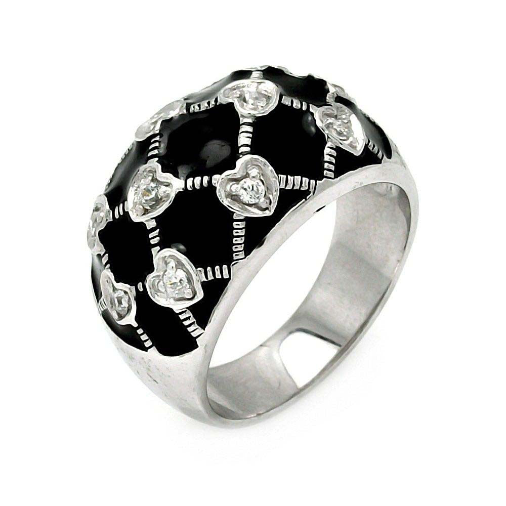 Sterling Silver Modish Black Enamel Criss Cross Heart Design Inlaid with Clear Czs RingAnd Ring Width of 13.2MM