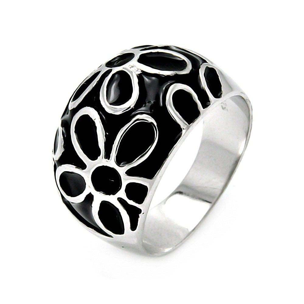 Sterling Silver Fancy Black Enamel Flower Design Ring with Ring Width of 14.4MM