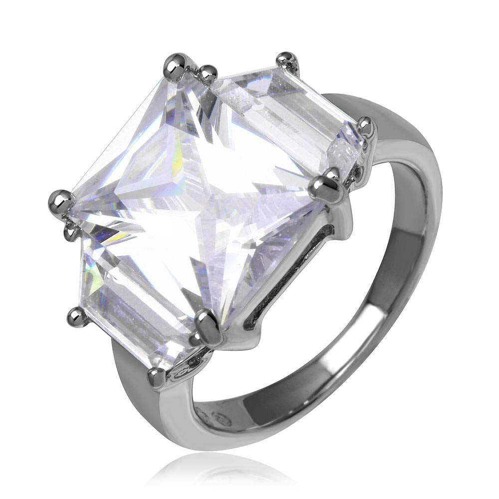 Sterling Silver Rhodium Plated Princess Cut Shaped Ring With Clear CZ Stones