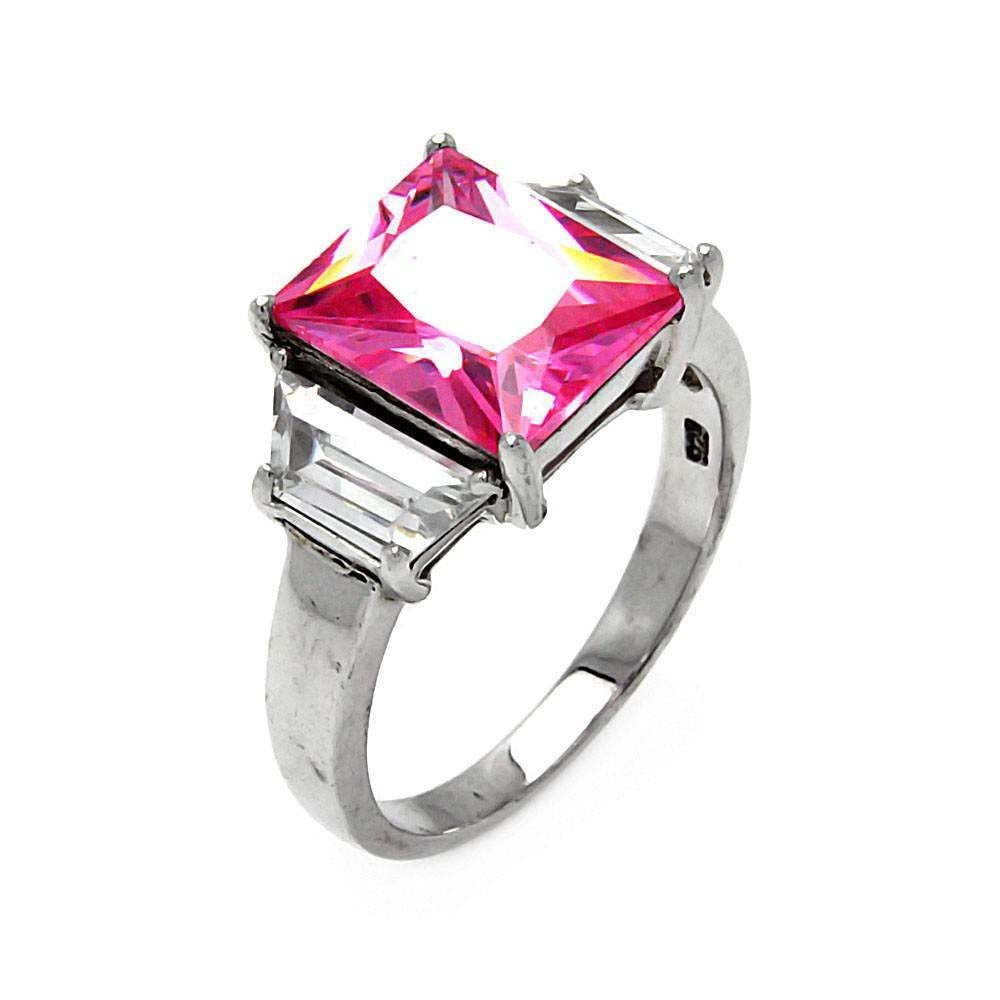 Sterling Silver Rhodium Plated  Princess Cut Shaped Ring With Pink And Clear CZ Stones