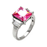 Sterling Silver Rhodium Plated  Princess Cut Shaped Ring With Pink And Clear CZ Stones