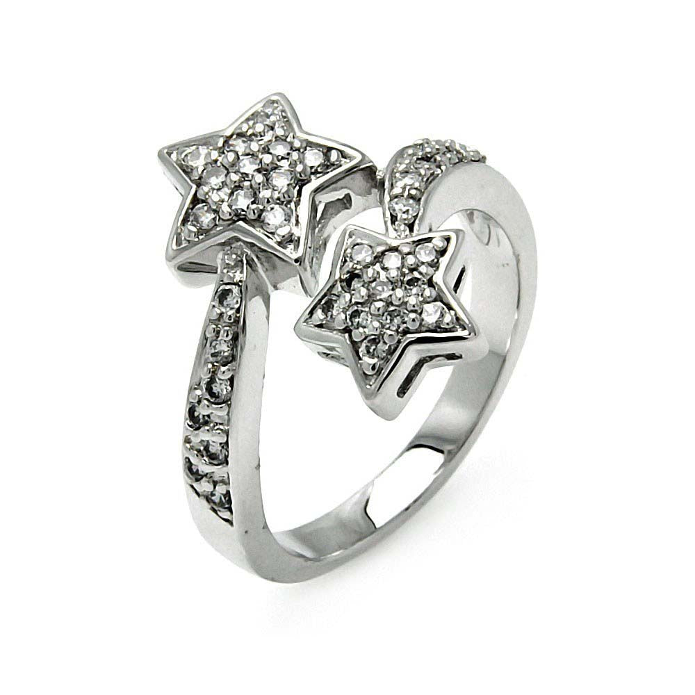 Sterling Silver Fancy Double Star Design Embedded with Clear Czs Bypass Band Ring