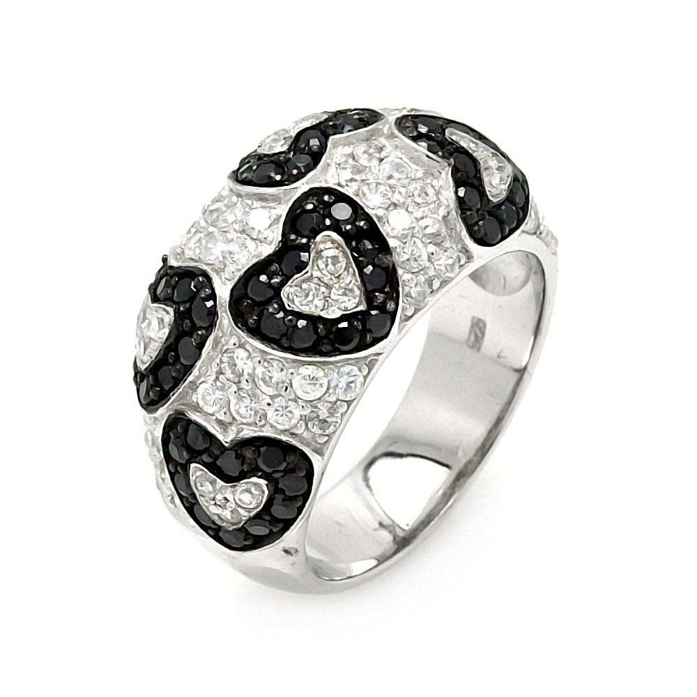 Sterling Silver Fancy Paved Domed Band Ring with Multi Paved Black Czs Heart DesignAnd Ring Width of 12.9MM