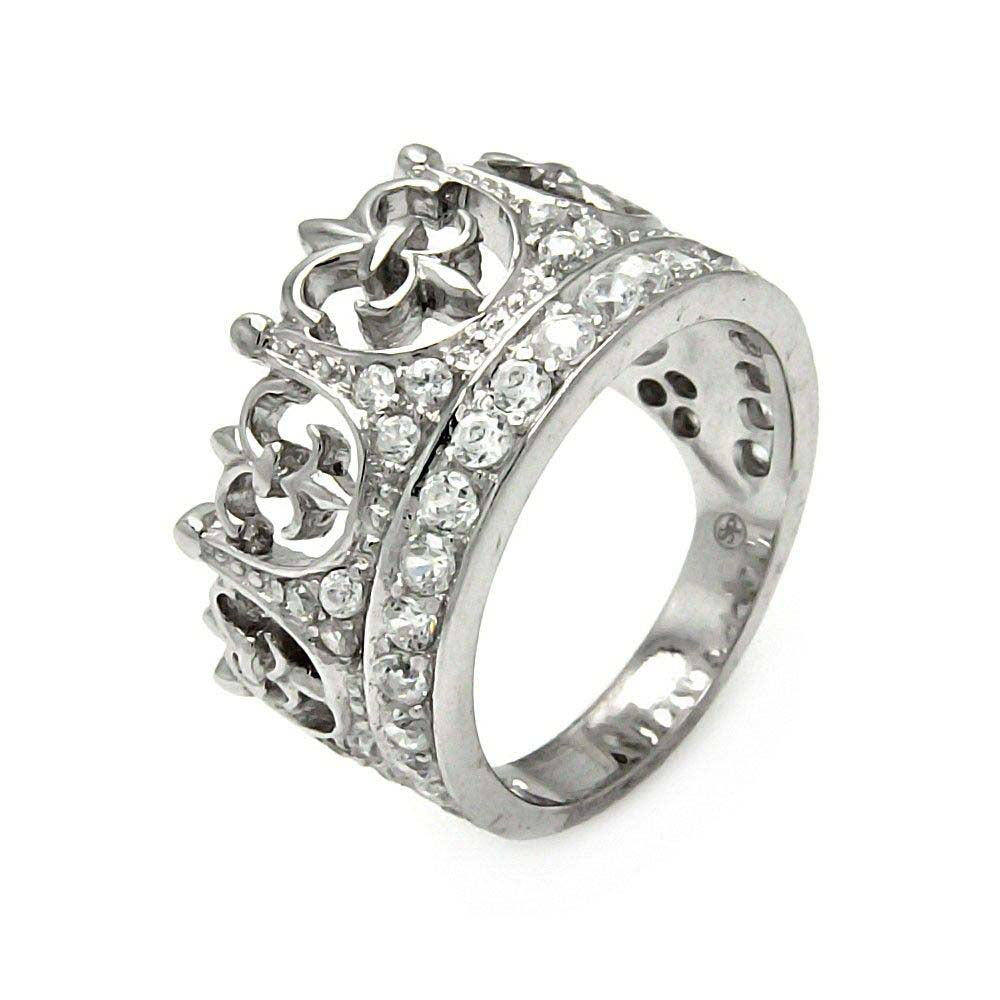 Sterling Silver Elegant Crown with Fleur De Lis Design Inlaid with Clear Czs RingAnd Ring Width of 13.5MM