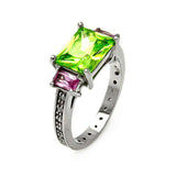 Sterling Silver Fancy Past Present Future Ring Set with Solitaire Emerald Cut Multi-Colored CzsAnd Ring Width of 9MM