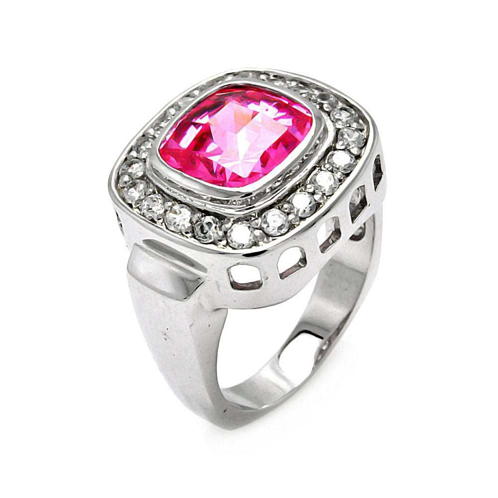 Sterling Silver Fashionable Ring with Centered Cushion Cut Pink Cz with Paved Halo SettingAnd Ring Width of 18MM