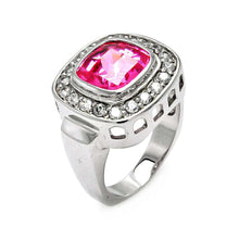 Load image into Gallery viewer, Sterling Silver Fashionable Ring with Centered Cushion Cut Pink Cz with Paved Halo SettingAnd Ring Width of 18MM