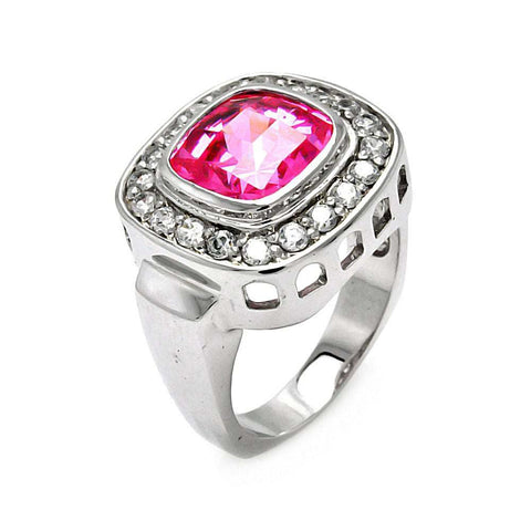 Sterling Silver Fashionable Ring with Centered Cushion Cut Pink Cz with Paved Halo SettingAnd Ring Width of 18MM