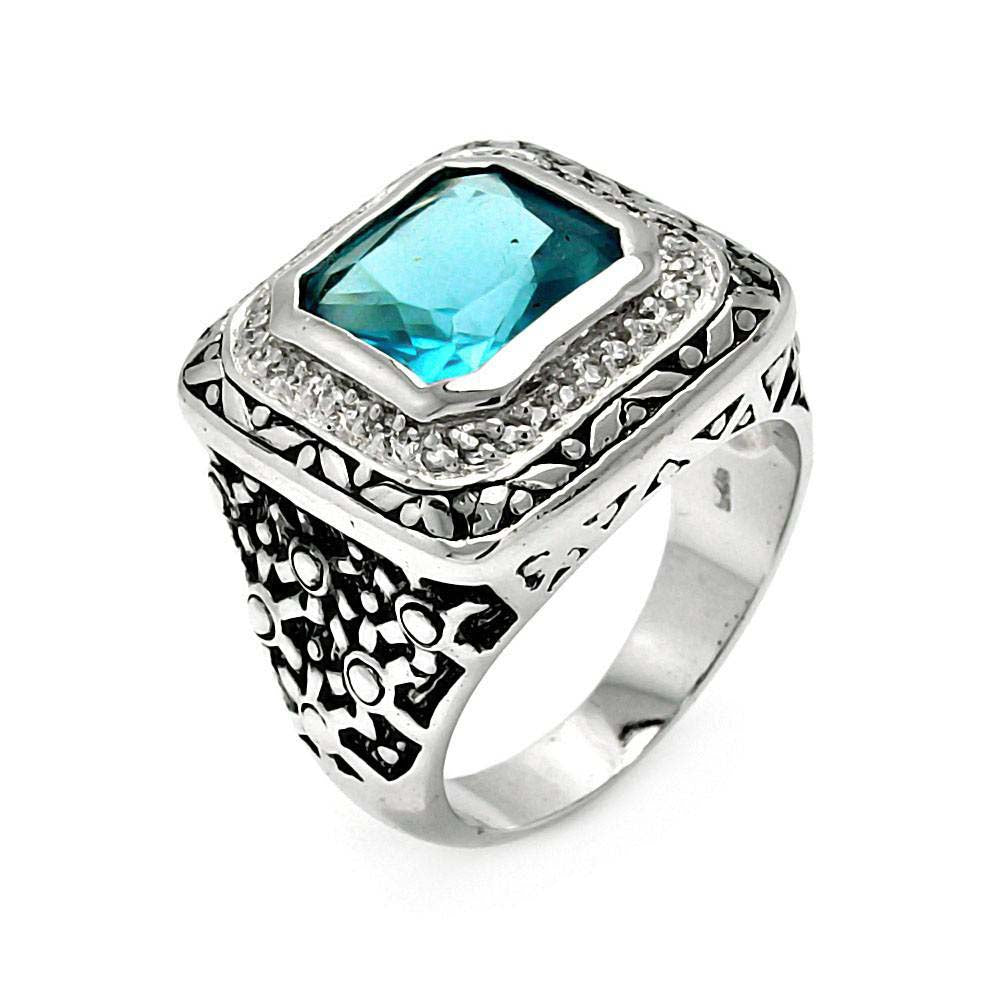 Sterling Silver Oxidized Rhodium Plated Ring with Multi Flower Design on Both Sides and Centered Radiant Cut Blue Cz with Paved Halo SettingAnd Ring Width of 18MM