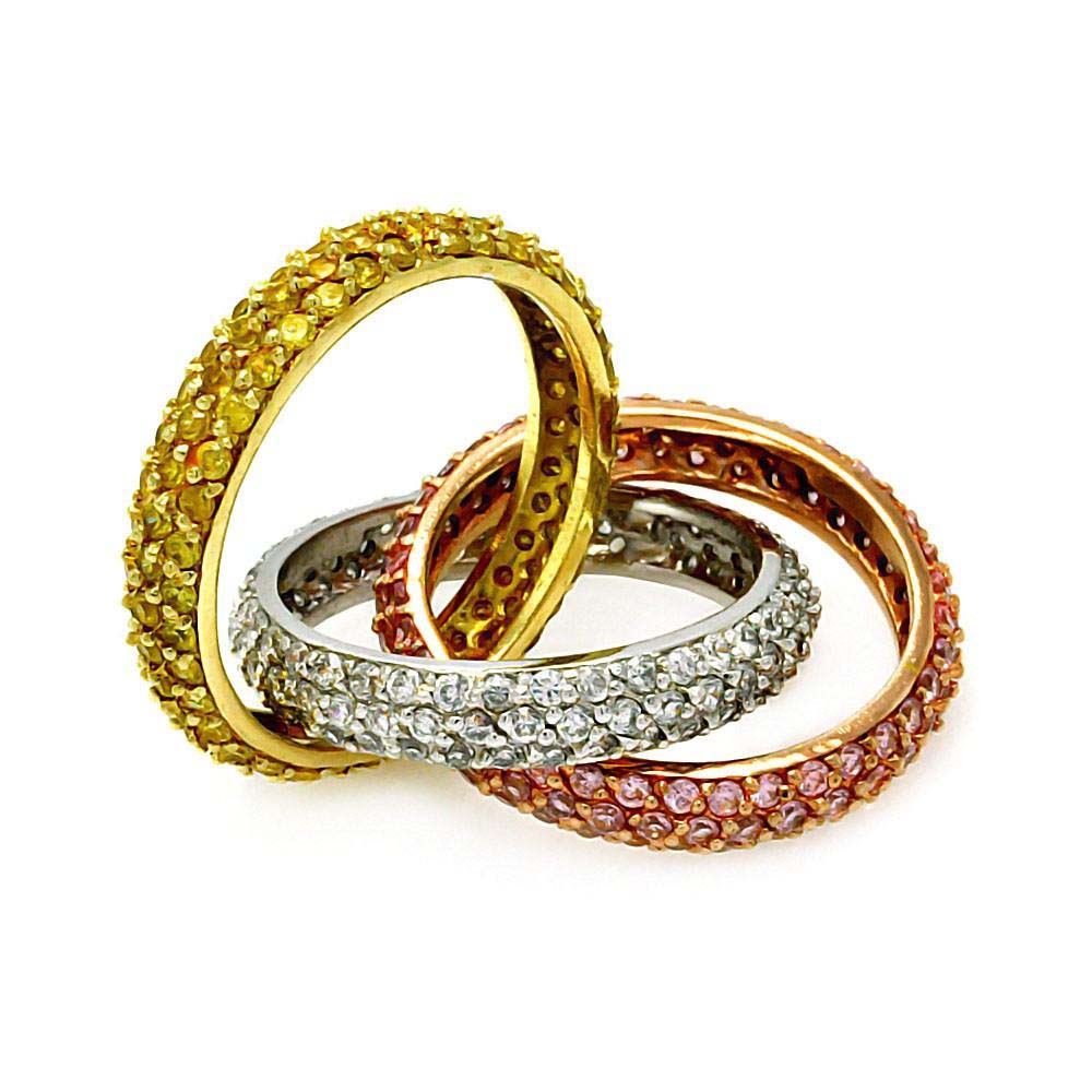 Sterling Silver Tri-Color Three Movable Band Ring Inlaid with Micro Paved Multi-Colored CzsAnd Band Width of 4.4MM