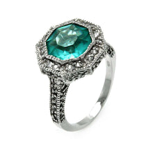 Load image into Gallery viewer, Sterling Silver Antique Style with Centered Octagon Cut Teal Cz with Paved Halo Setting RingAnd Ring Width of 15MM