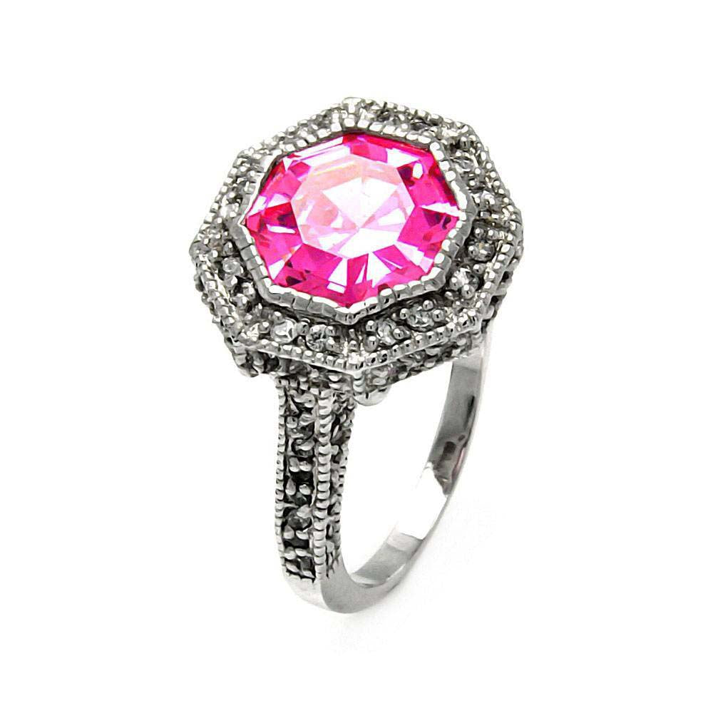 Sterling Silver Antique Style with Centered Octagon Cut Pink Cz with Paved Halo Setting RingAnd Ring Width of 15MM