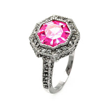 Load image into Gallery viewer, Sterling Silver Antique Style with Centered Octagon Cut Pink Cz with Paved Halo Setting RingAnd Ring Width of 15MM